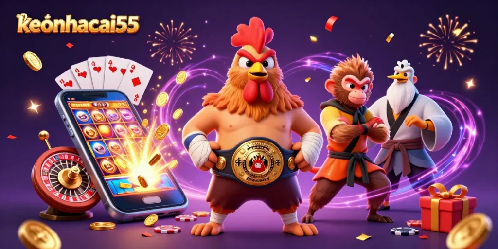 Experience thrilling gameplay with keonhacai55 featuring a lively 3D scene of animated characters and casino elements.