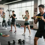 Atletische personen trainen krachtig in de Unique Pharma Steroïden Winkel gym, energieke sfeer met motivaties.